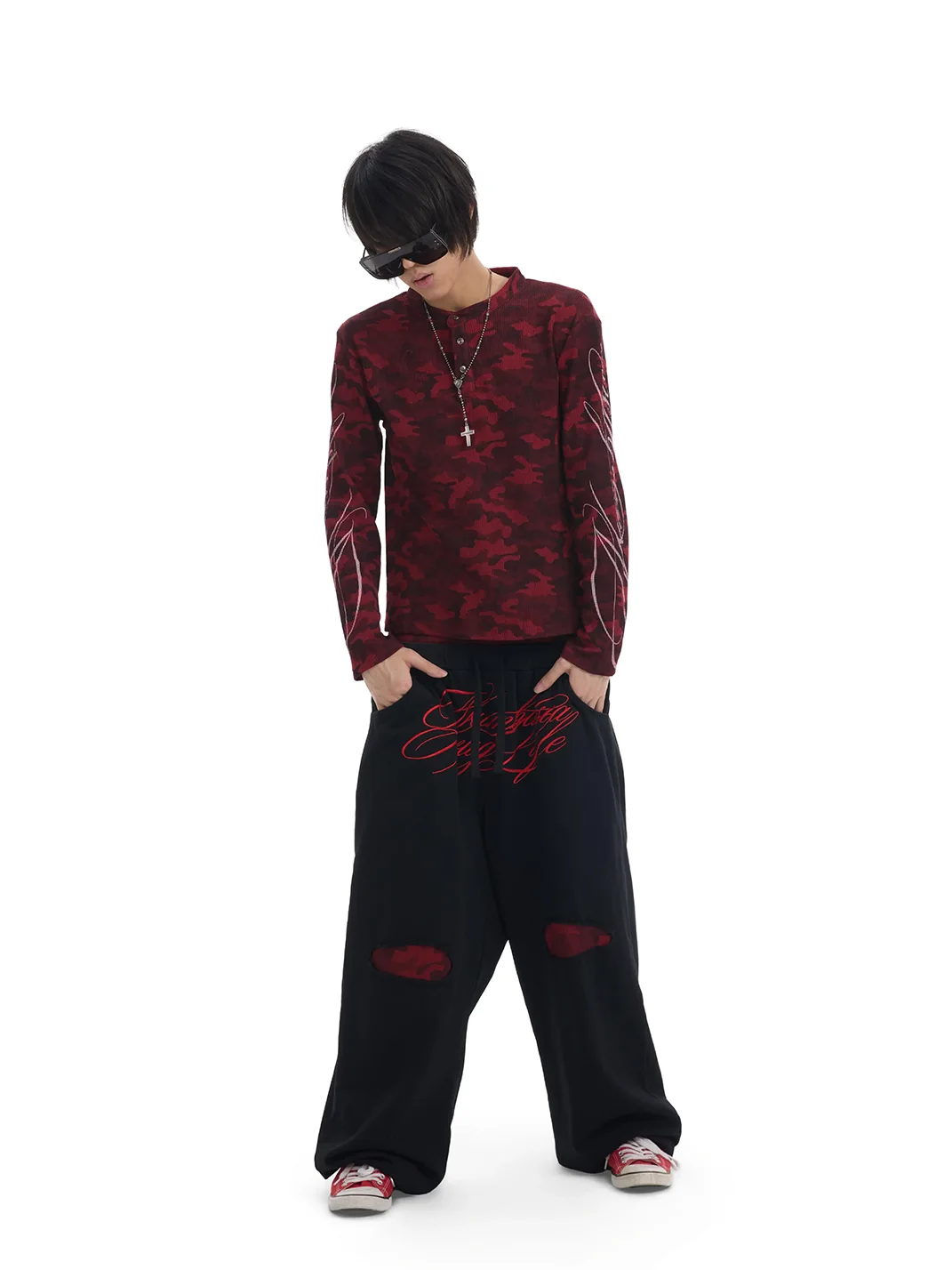 NumbAsia | Red Camouflage Distressed Baggy Sweatpants