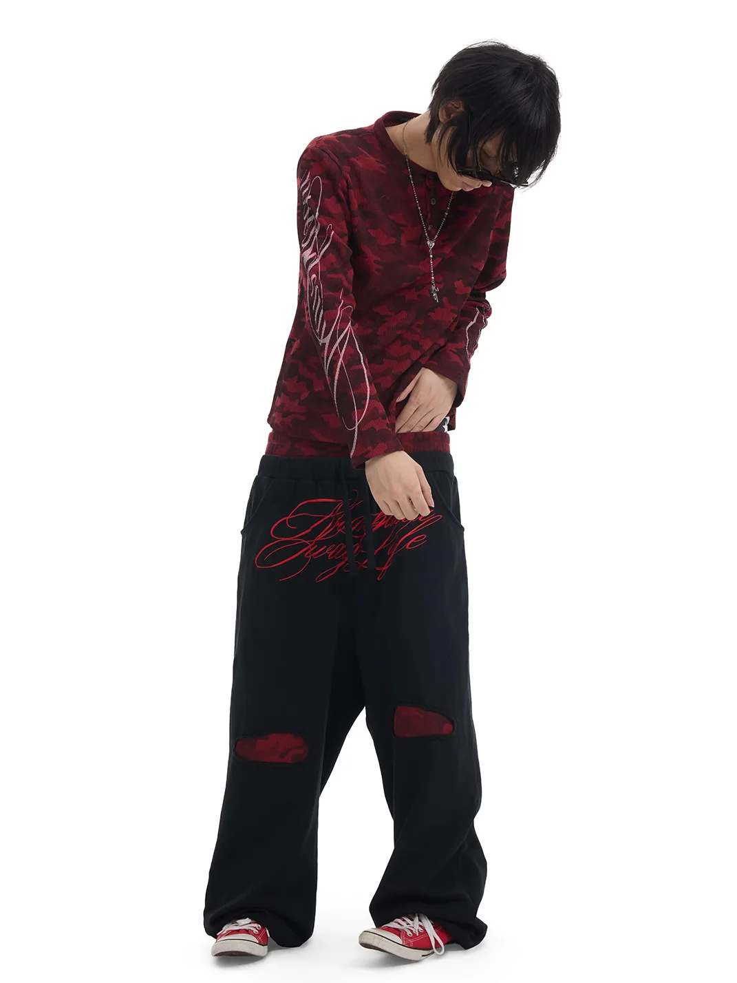 NumbAsia | Red Camouflage Distressed Baggy Sweatpants