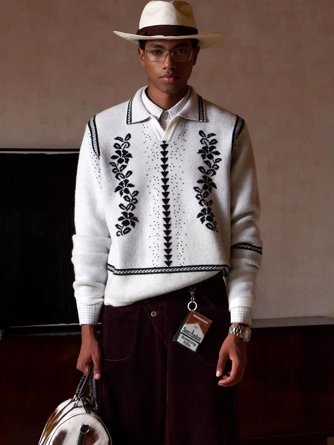 OPENFLY | Vintage Vine Jacquard Polo Collar Sweater