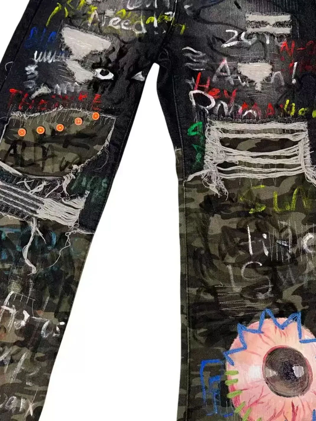 Carol's here | Hand-Painted Distressed Camouflage Patchwork Wide-Leg Jeans