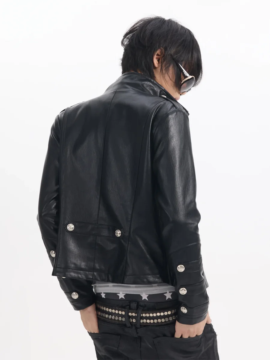 NumbAsia | Fitted Epaulet Button-Decorated Leather Jacket - 3