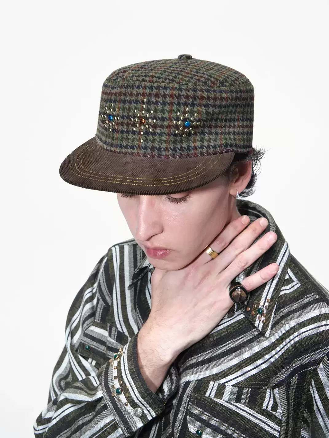 OPENFLY | Studded Houndstooth Corduroy-Brim Baseball Cap