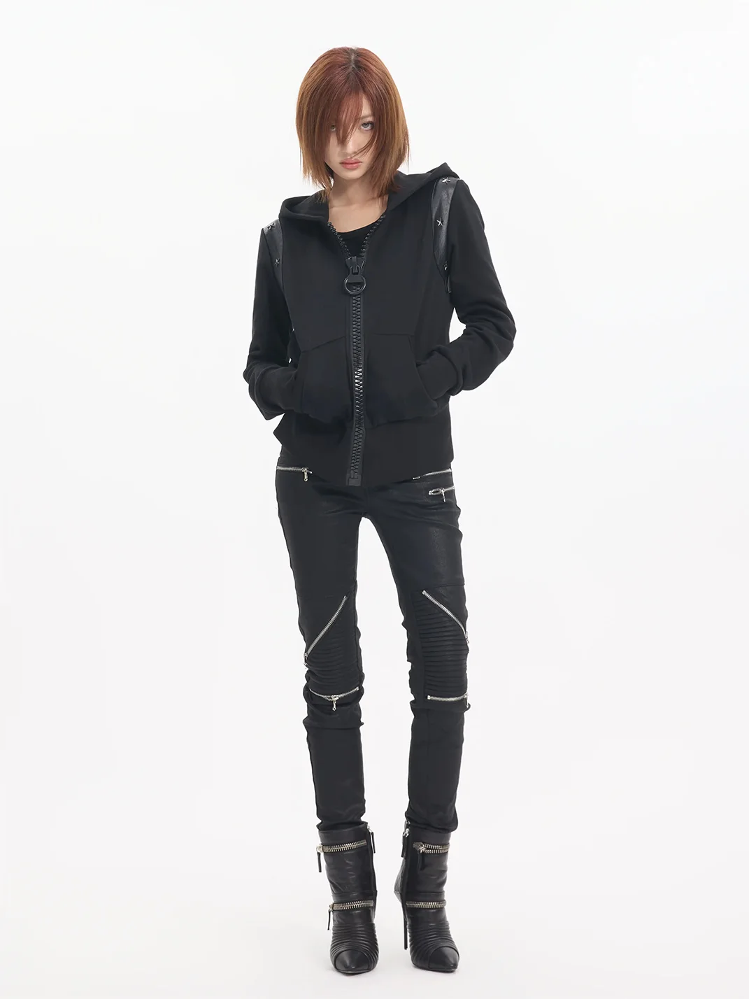 NumbAsia | Black Studded Star Patch Zip Hoodie