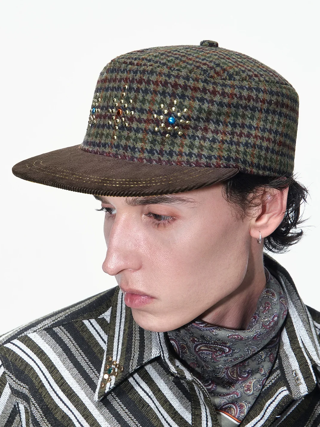 OPENFLY | Studded Houndstooth Corduroy-Brim Baseball Cap
