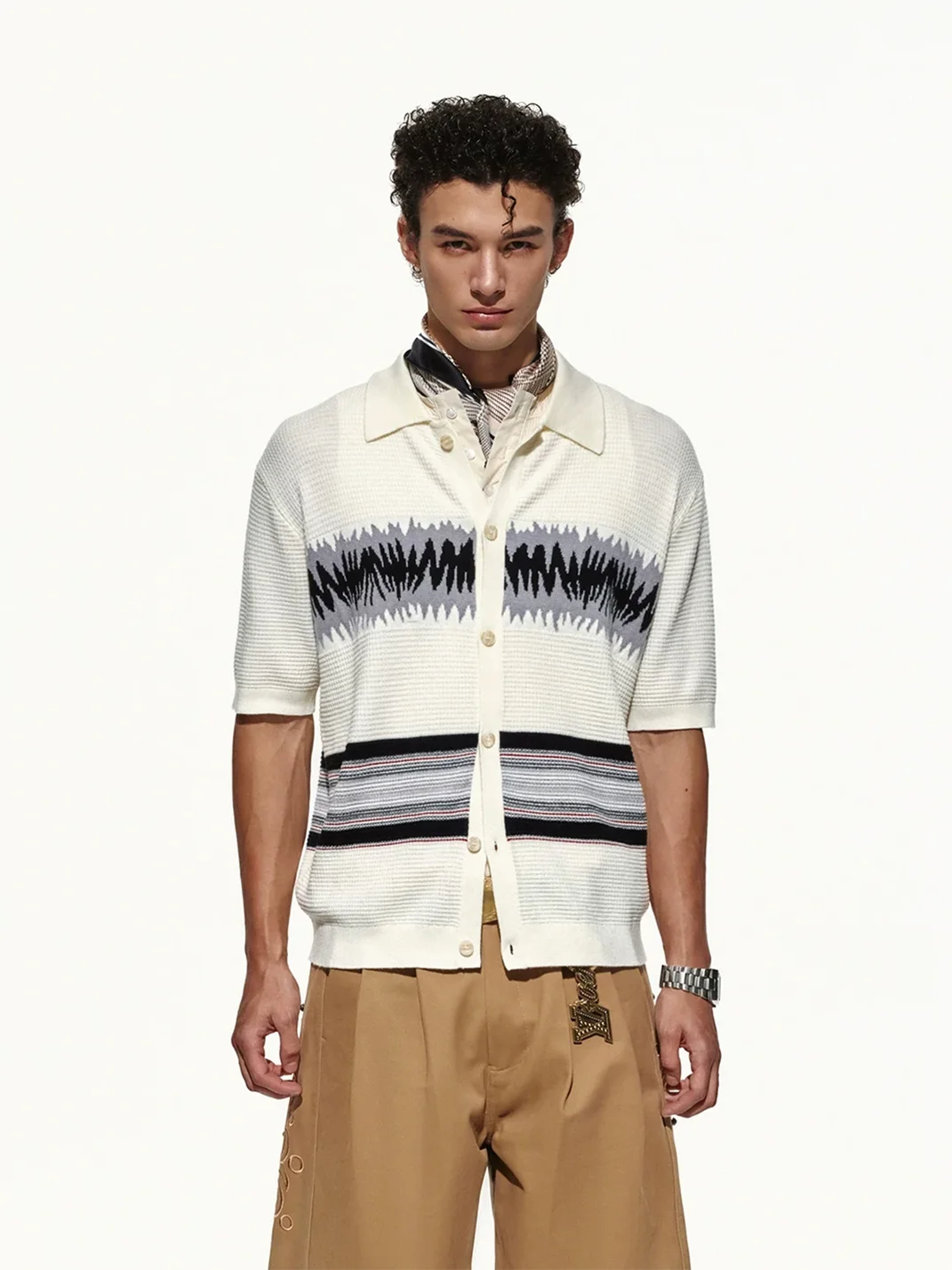 OPENFLY | Patterned Waffle Knit Short Sleeve Polo Cardigan