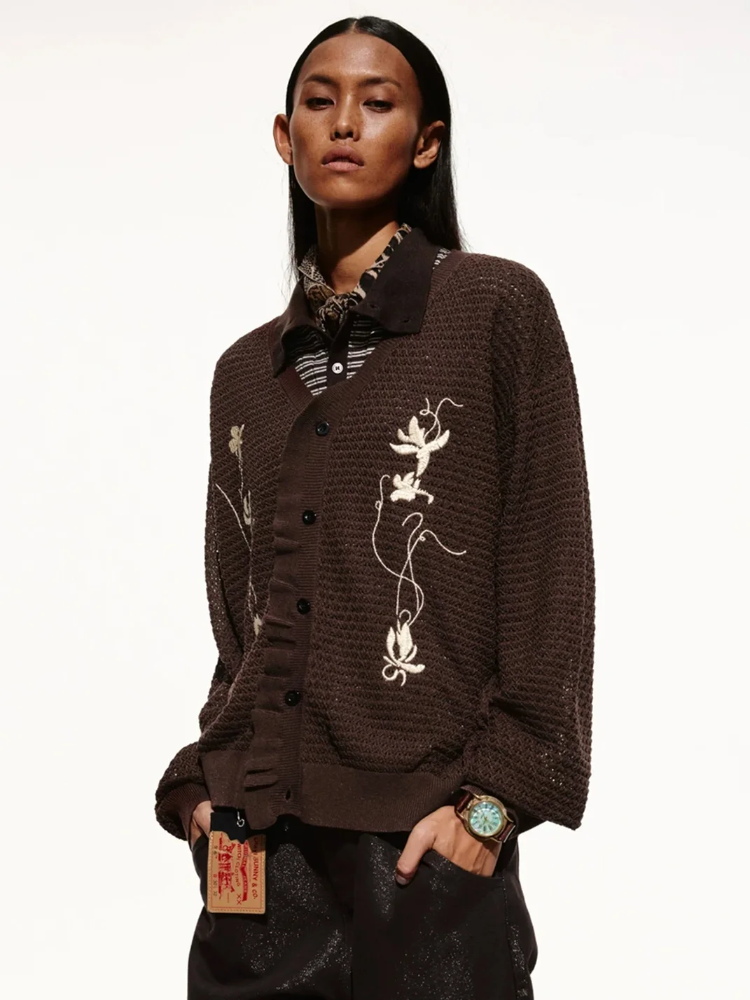 OPENFLY | Relaxed Floral Embroidered Openwork Knit Shirt