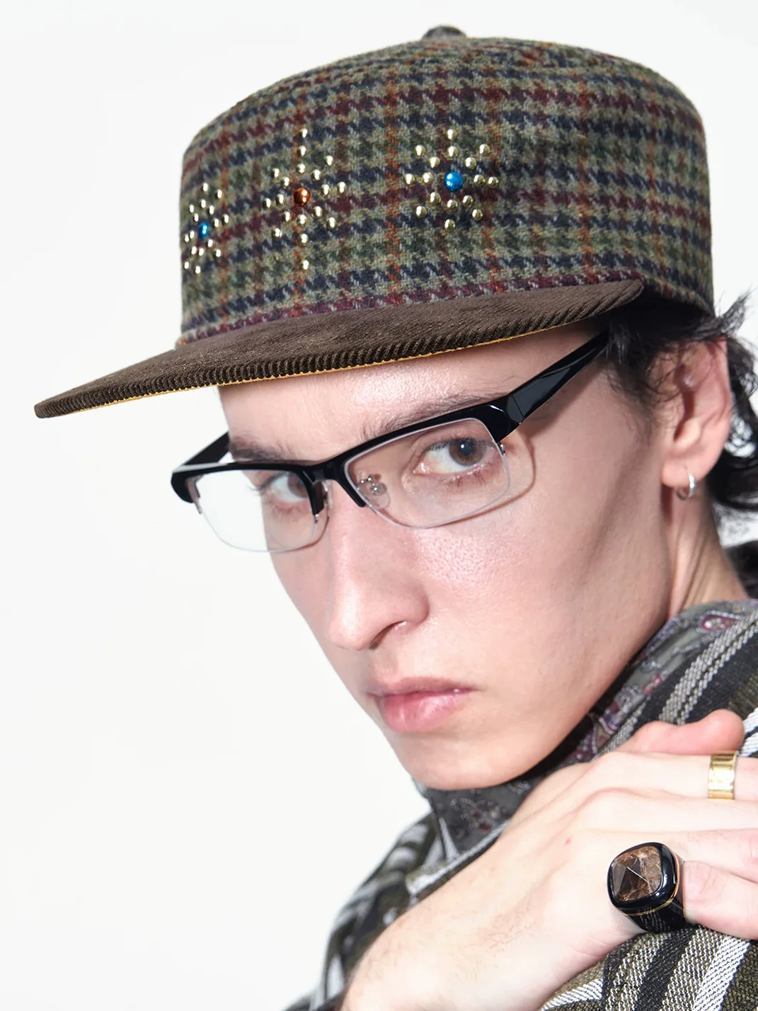 OPENFLY | Studded Houndstooth Corduroy-Brim Baseball Cap