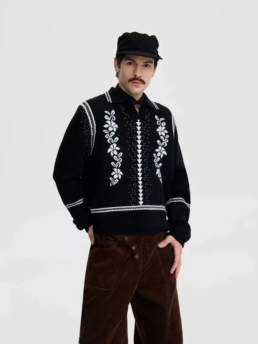OPENFLY | Vintage Vine Jacquard Polo Collar Sweater