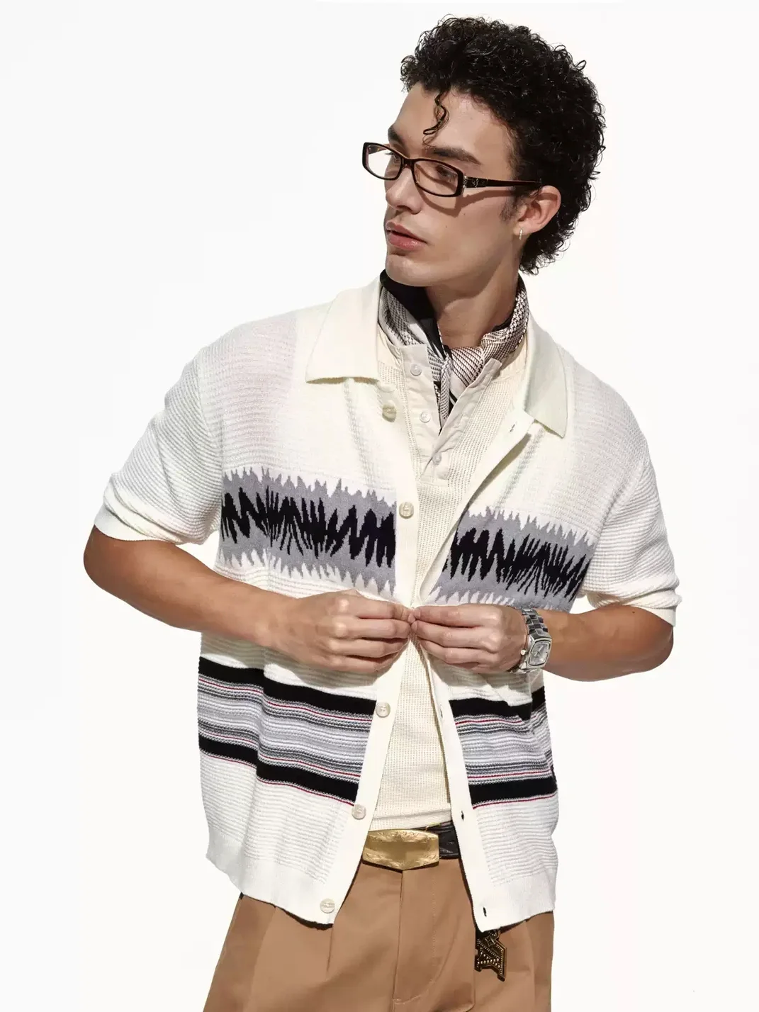 OPENFLY | Patterned Waffle Knit Short Sleeve Polo Cardigan