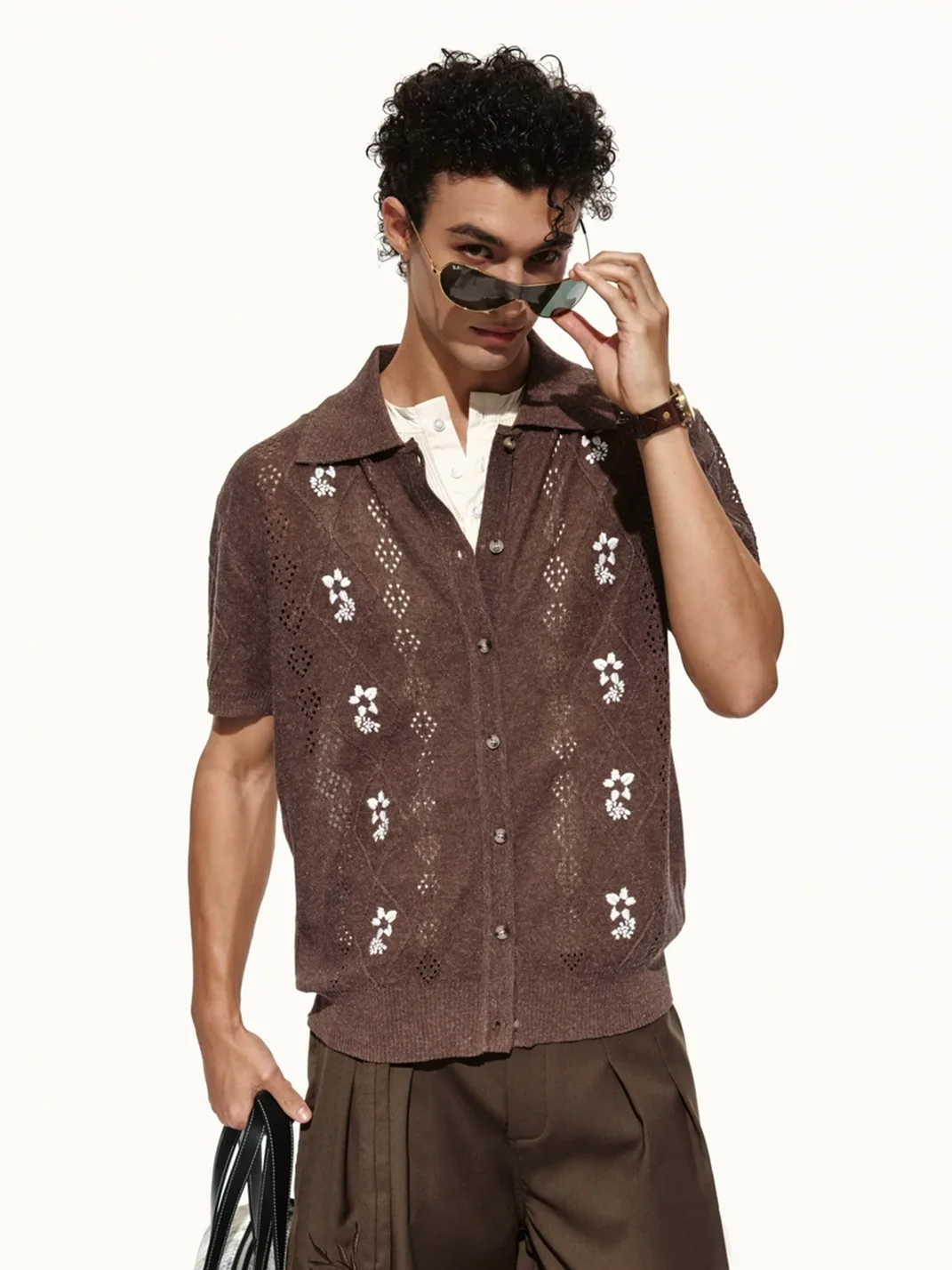 OPENFLY | Openwork Embroidered Short Sleeve Polo Cardigan