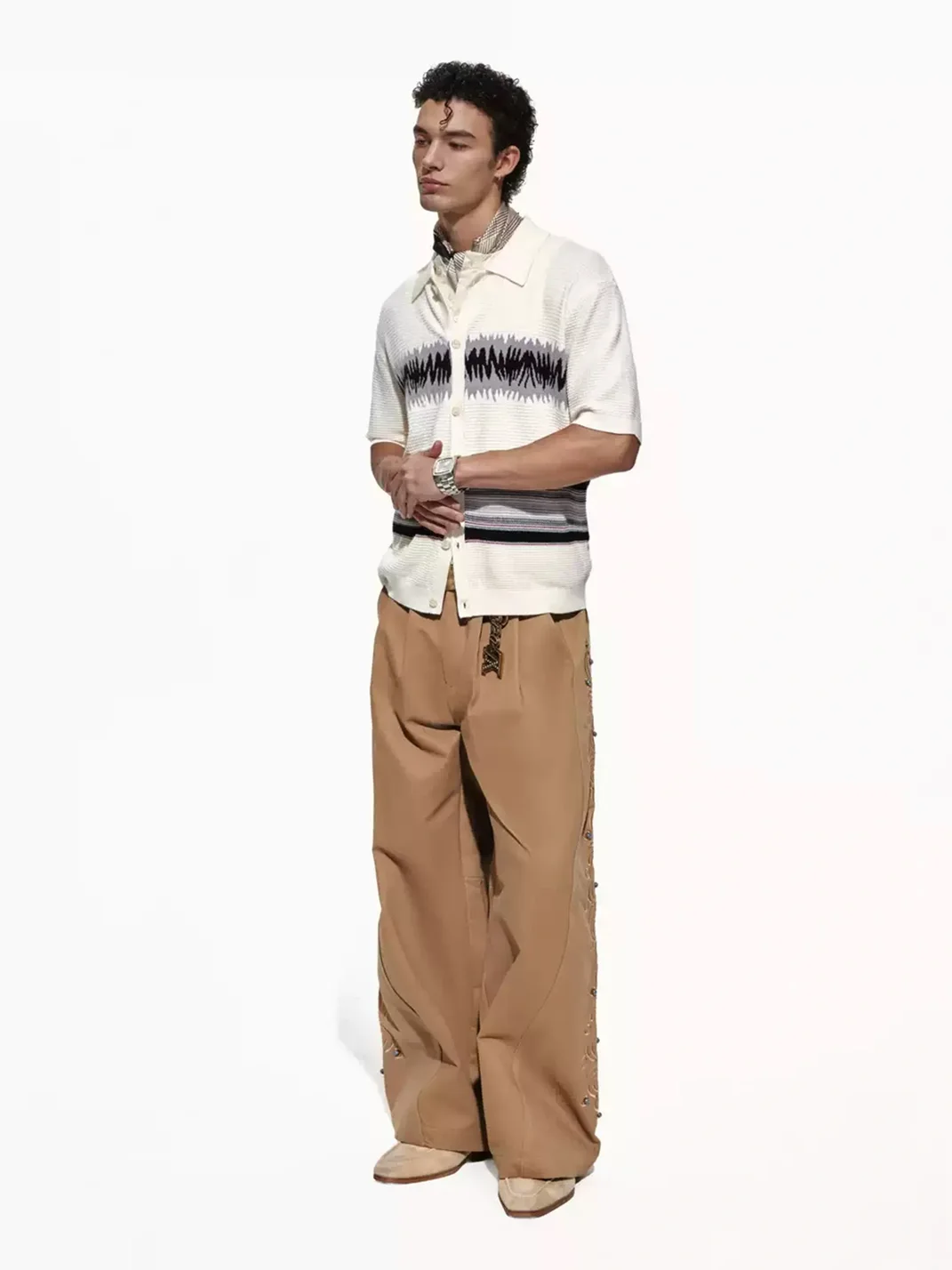 OPENFLY | Patterned Waffle Knit Short Sleeve Polo Cardigan