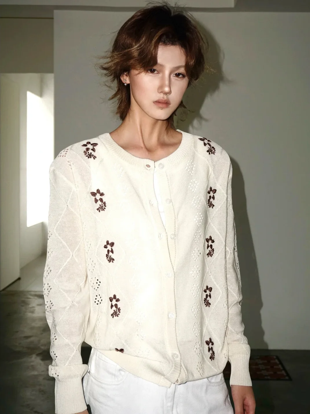 OPENFLY | Openwork Embroidered Short Sleeve Polo Cardigan