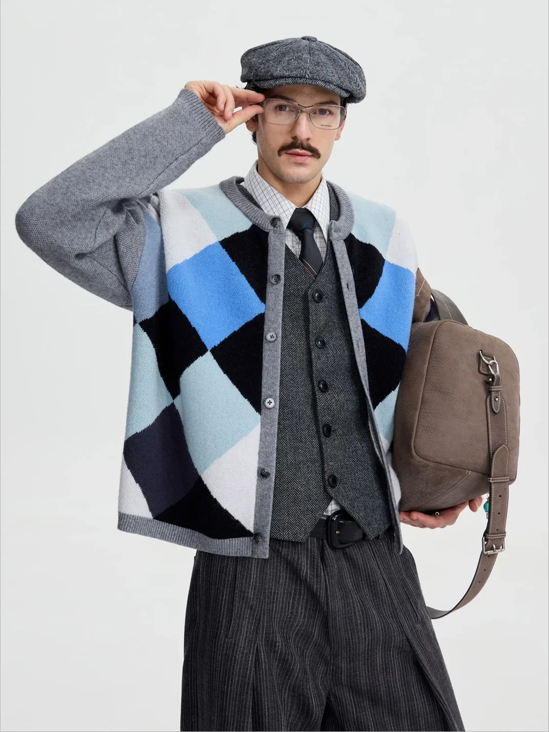 OPENFLY | Argyle Contrast Loose Knit Cardigan