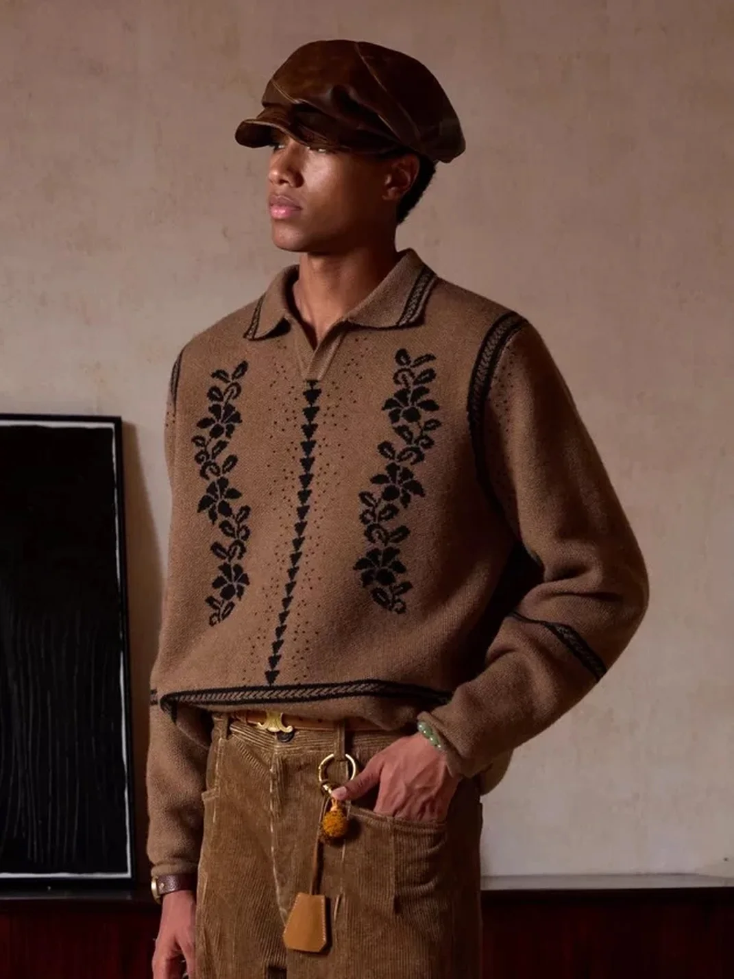 OPENFLY | Vintage Vine Jacquard Polo Collar Sweater