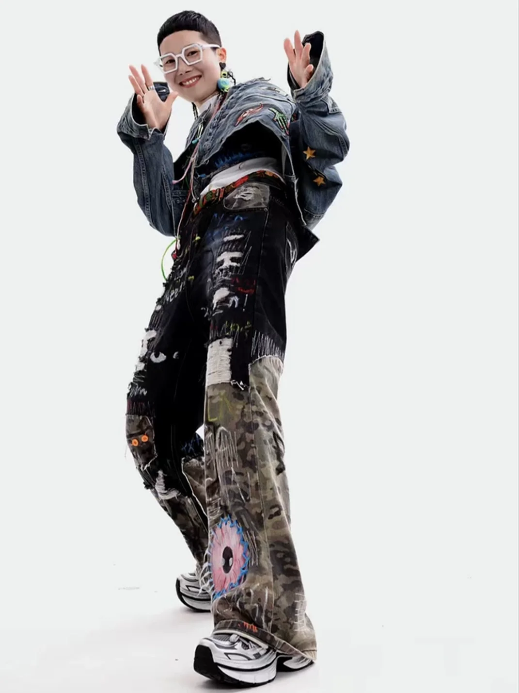 Carol's here | Hand-Painted Distressed Camouflage Patchwork Wide-Leg Jeans