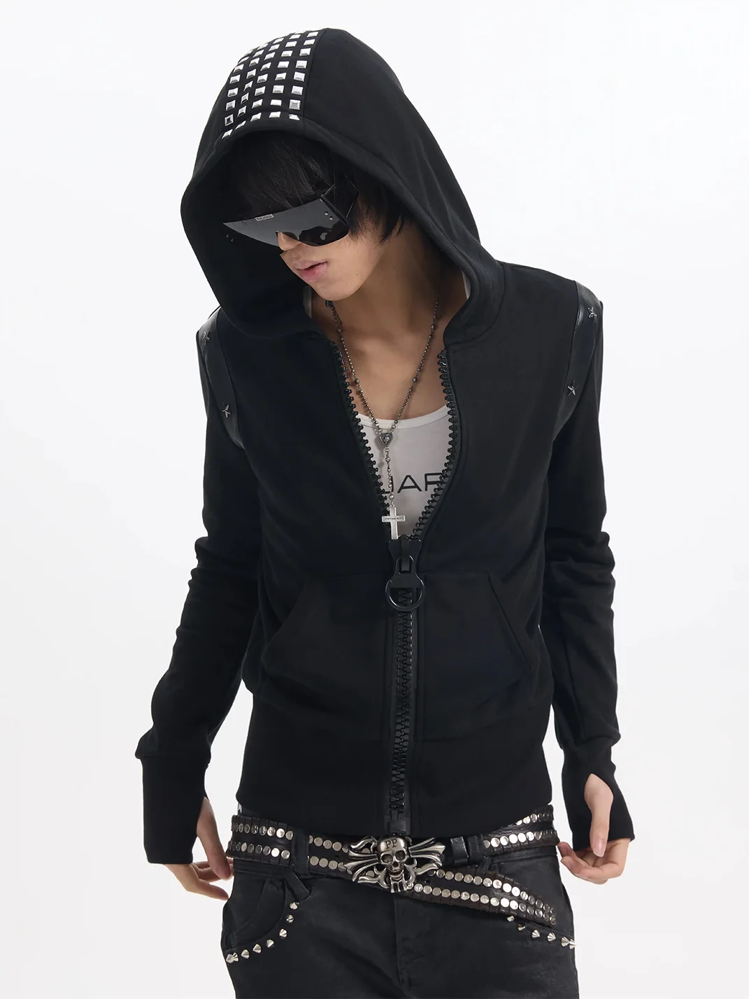 NumbAsia | Black Studded Star Patch Zip Hoodie