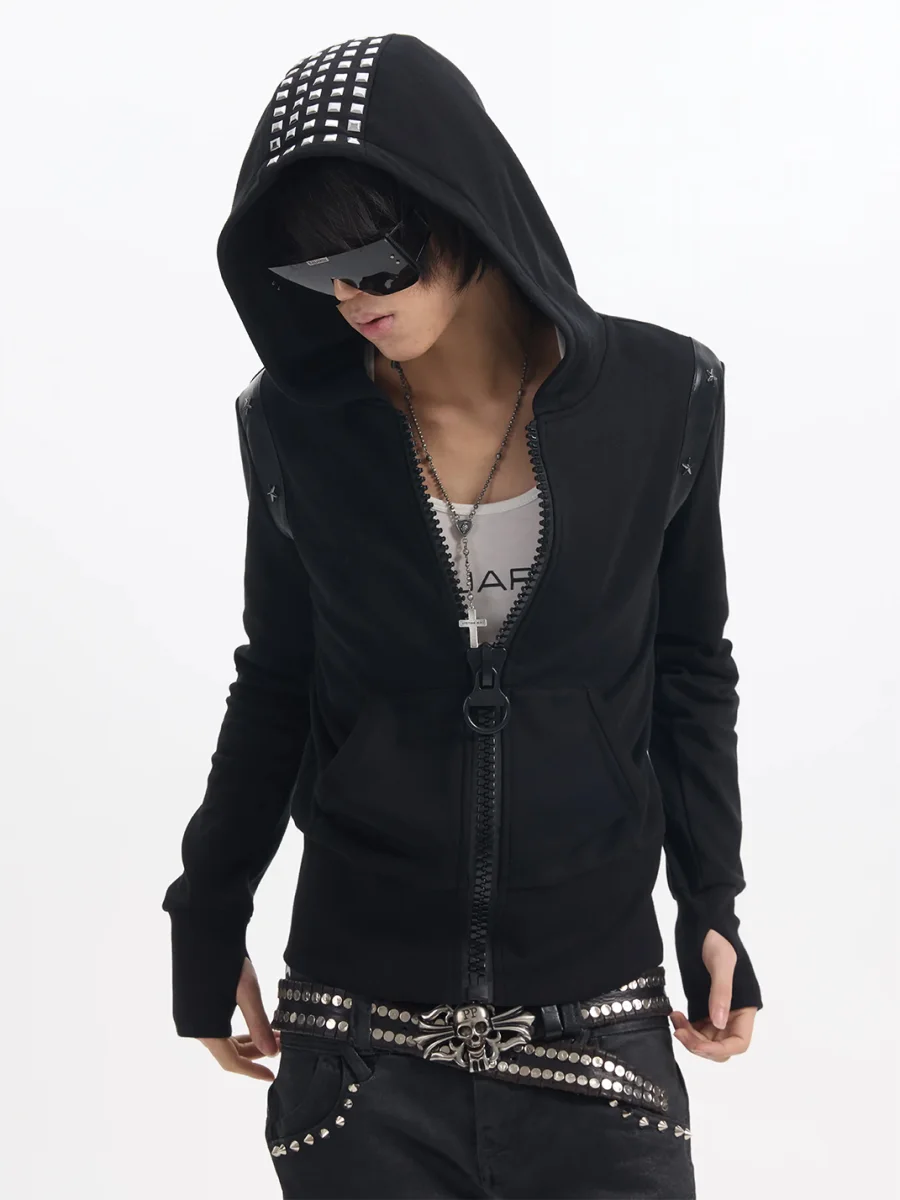 NumbAsia | Black Studded Star Patch Zip Hoodie - 4