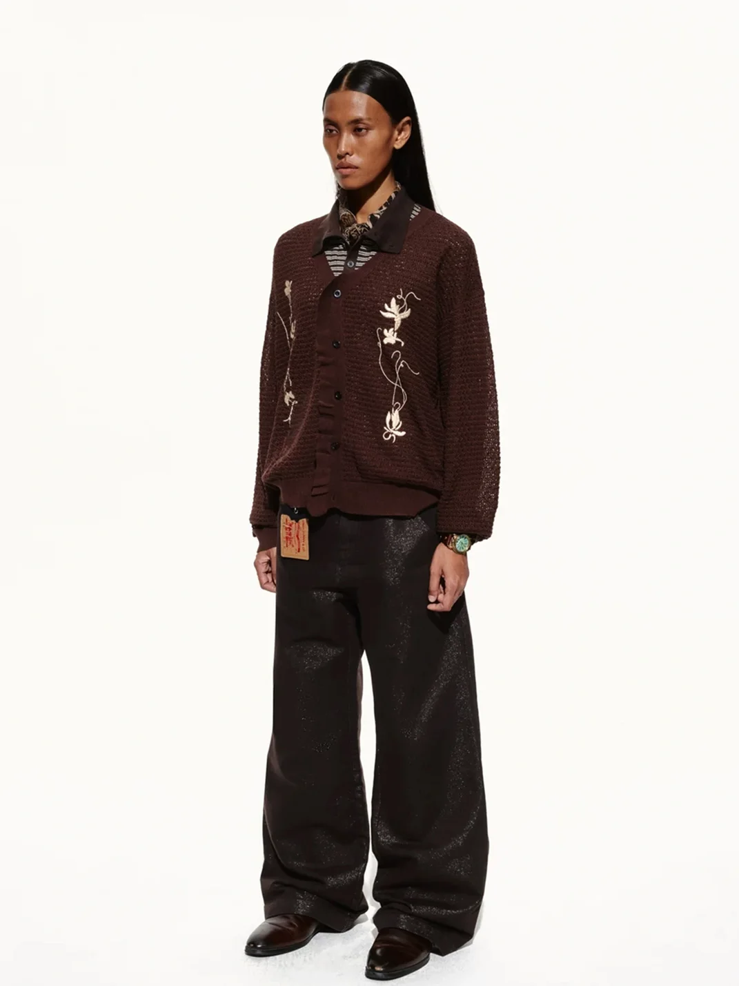 OPENFLY | Relaxed Floral Embroidered Openwork Knit Shirt