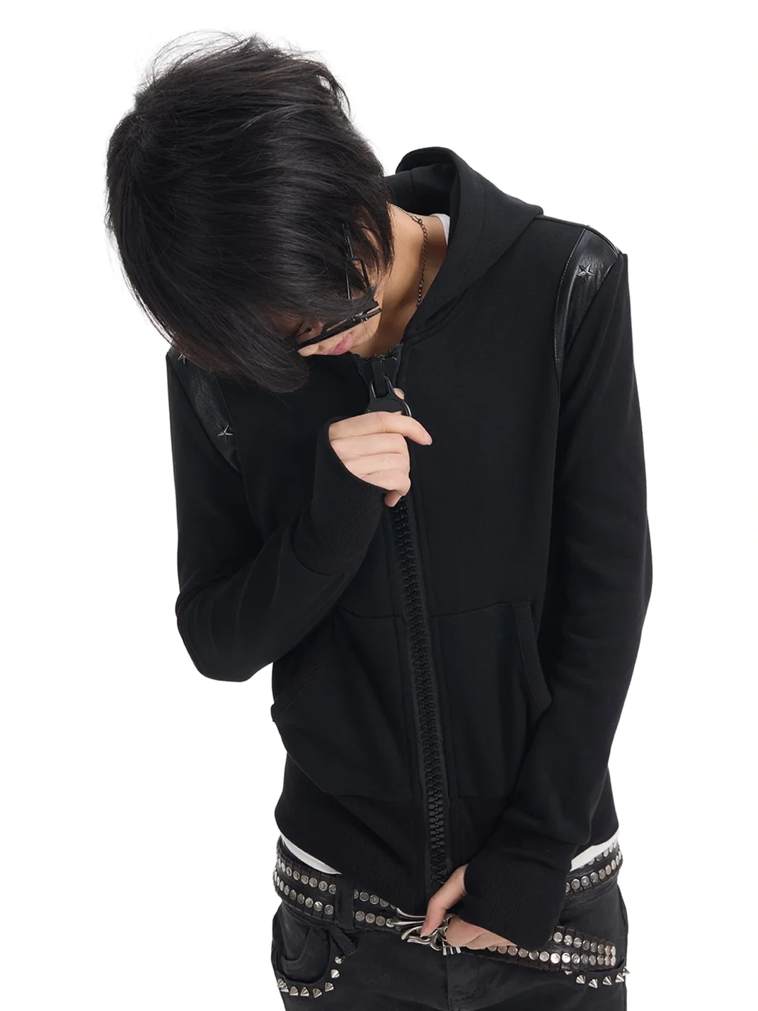NumbAsia | Black Studded Star Patch Zip Hoodie