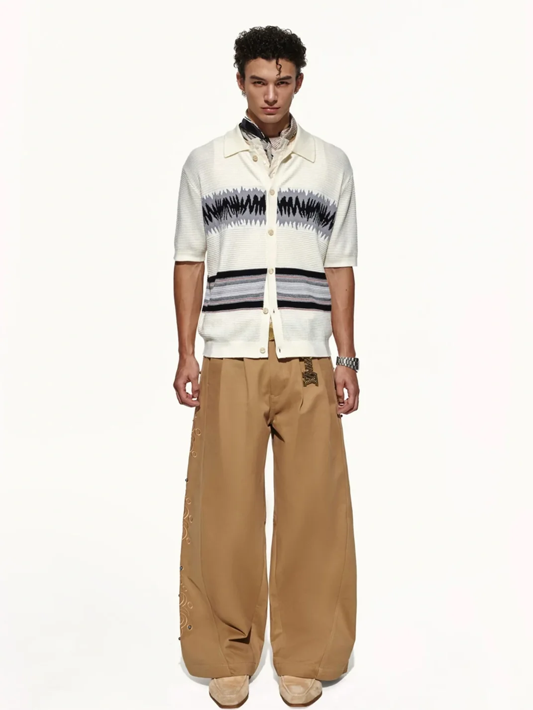 OPENFLY | Patterned Waffle Knit Short Sleeve Polo Cardigan
