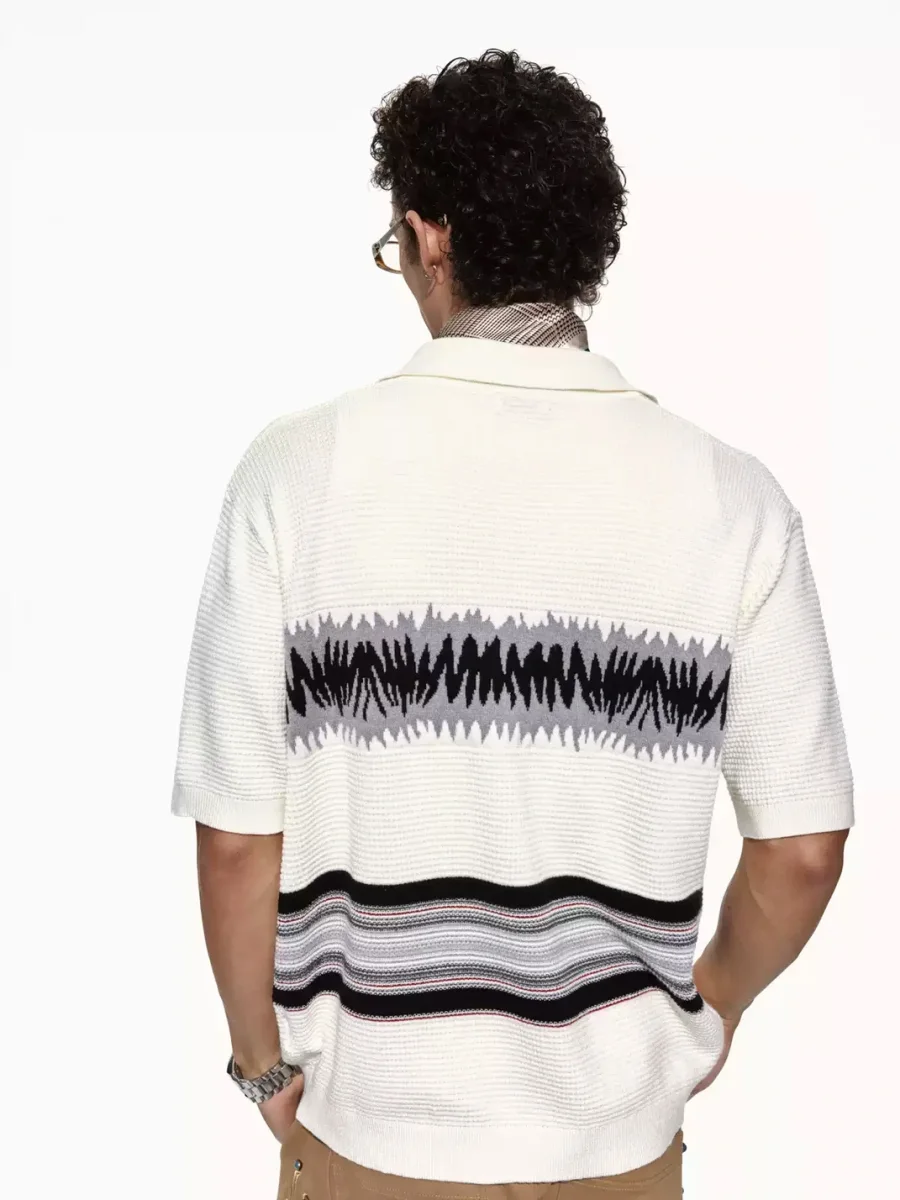 OPENFLY | Patterned Waffle Knit Short Sleeve Polo Cardigan - 4