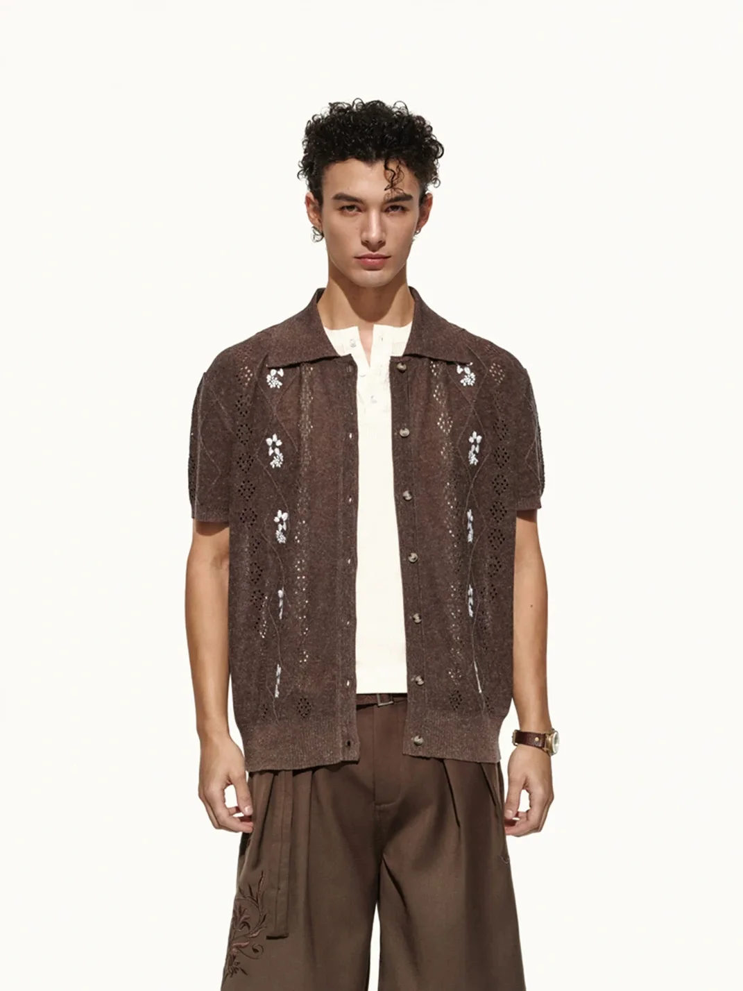 OPENFLY | Openwork Embroidered Short Sleeve Polo Cardigan