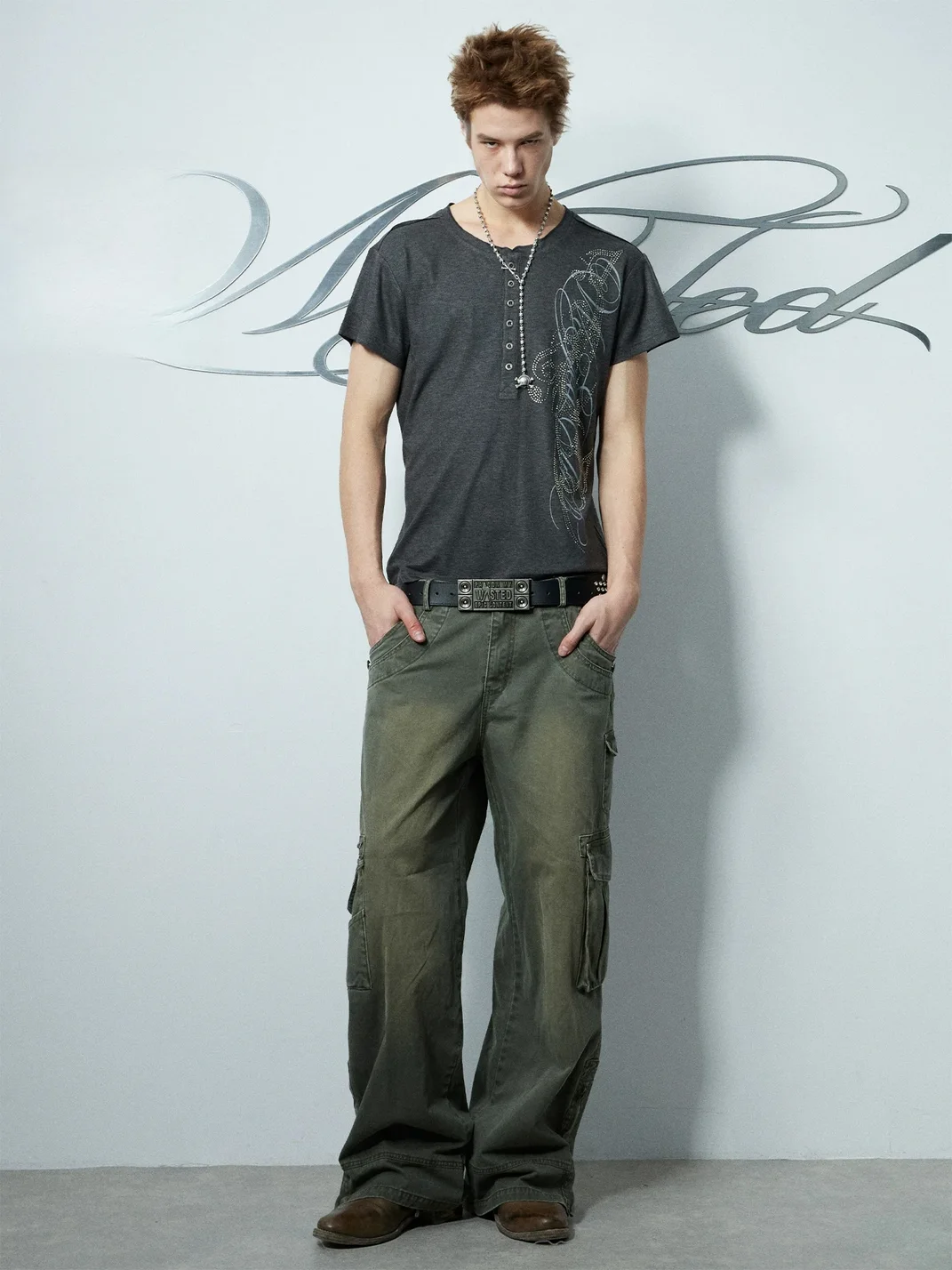 WASTED | Vintage Rhinestone Graphic Slim Fit Henley T-Shirt