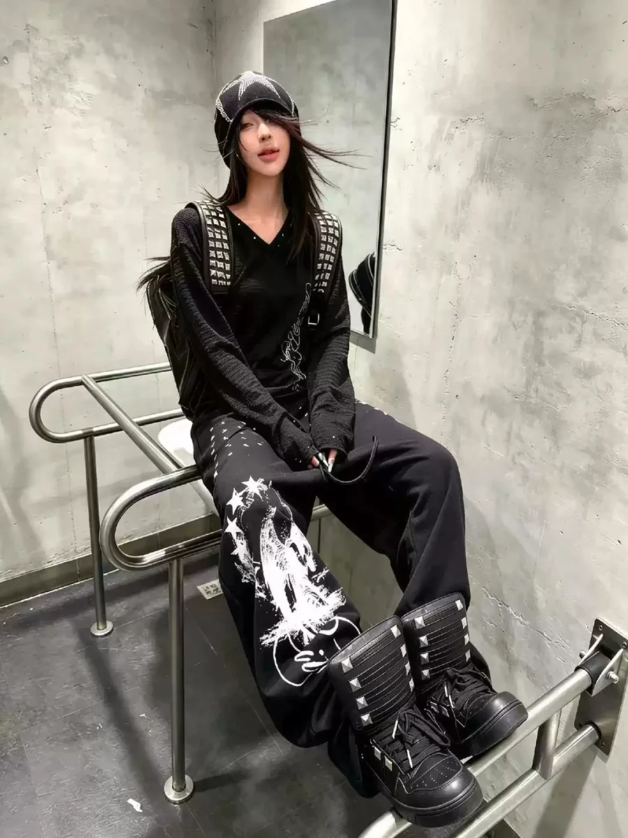 SAXGENWON | Studded Graphic Wide Leg Sweatpants - 2