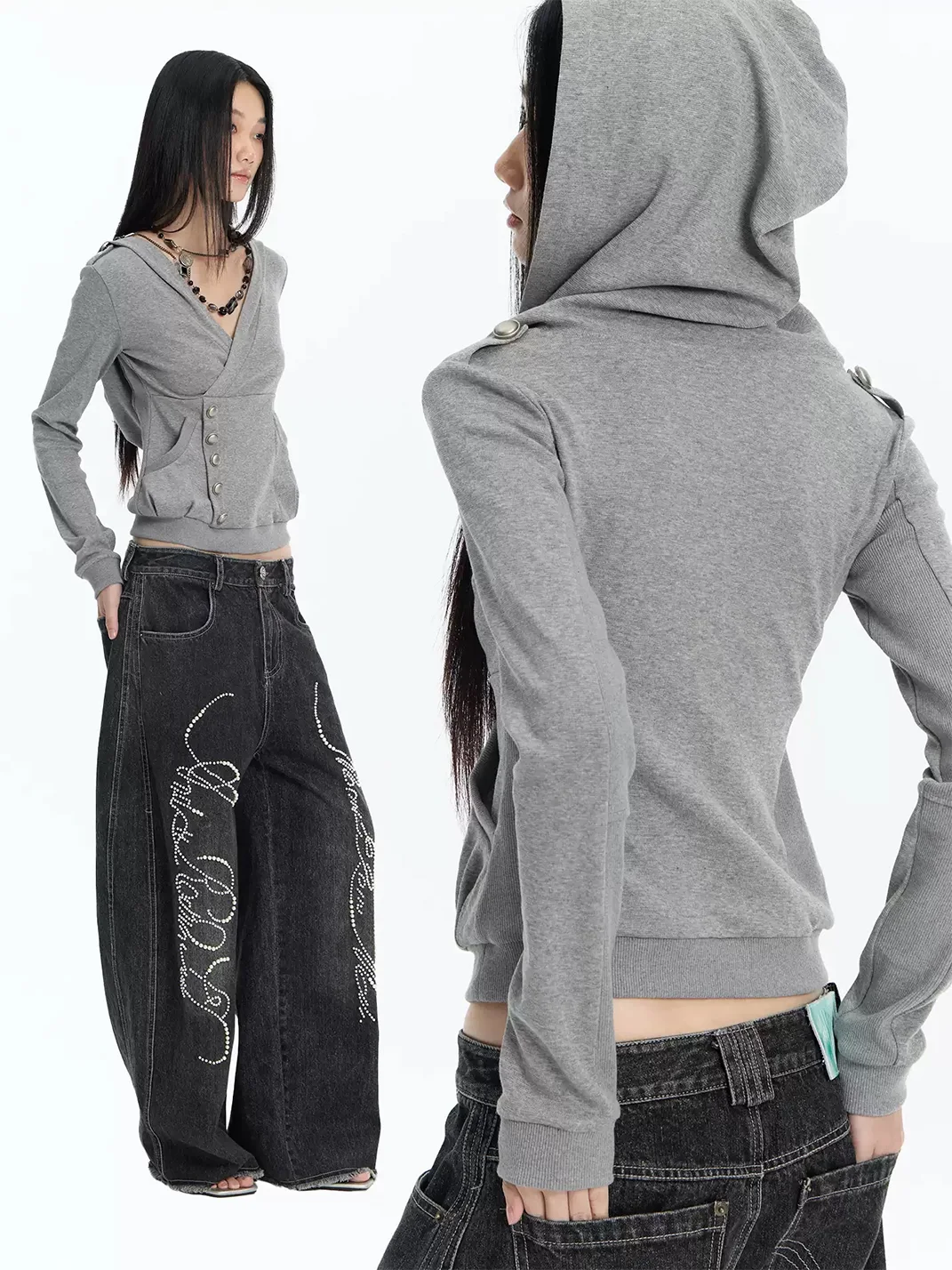 FayChui | Cropped Wrap V-Neck Button Hoodie