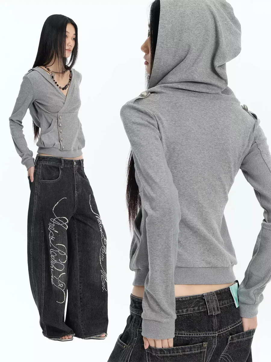 FayChui | Cropped Wrap V-Neck Button Hoodie - 3