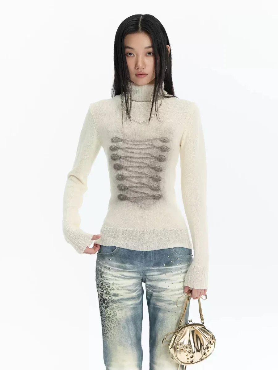 FayChui | Printed Slim Fit Cashmere Wool Turtleneck Sweater - 2