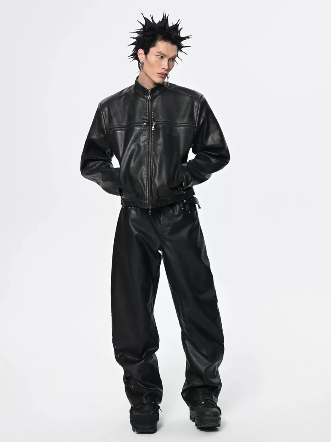 SAXGENWON | Distressed Cross-Zip Cropped Biker Jacket
