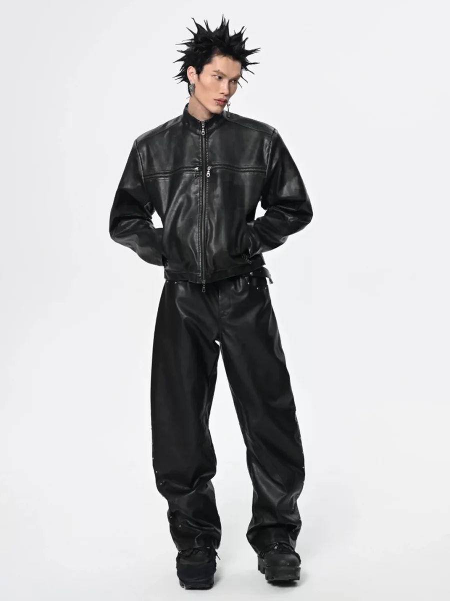 SAXGENWON | Distressed Cross-Zip Cropped Biker Jacket - 3