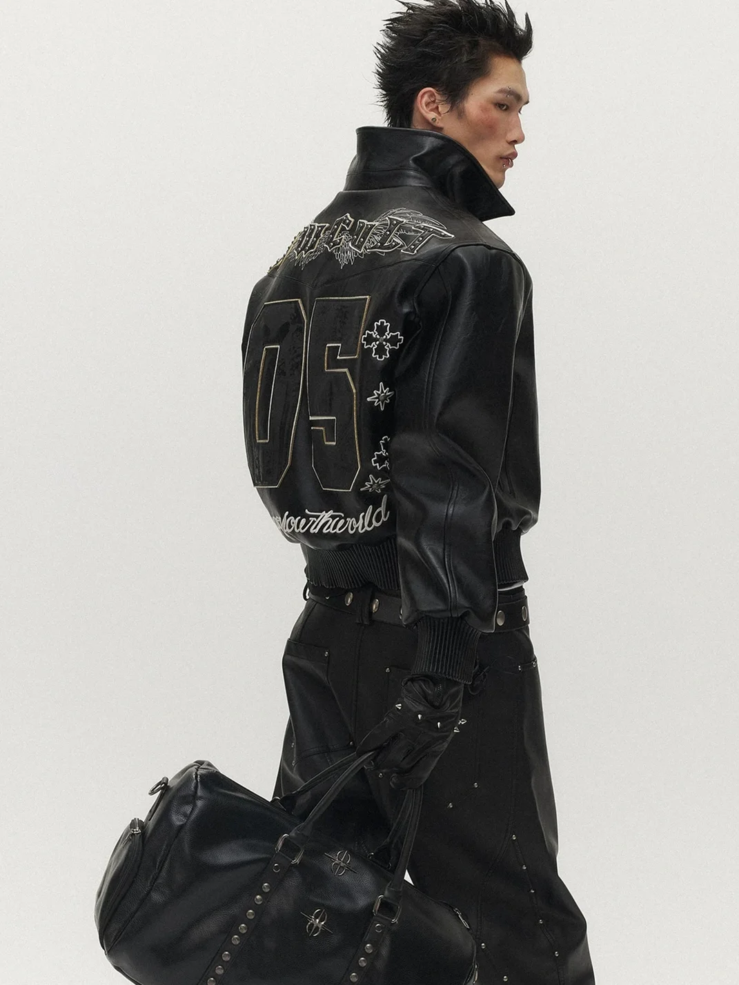 SAXGENWON | Studded Embroidered Faux Leather Moto Jacket