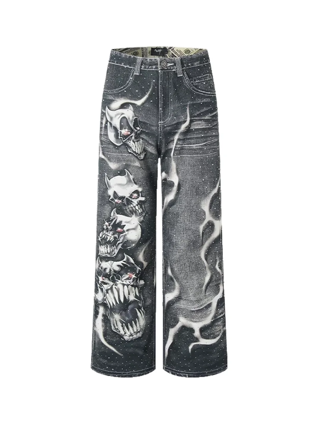 WASTED | Rhinestone Skull Print Flared Jeans