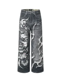 WASTED | Rhinestone Skull Print Flared Jeans