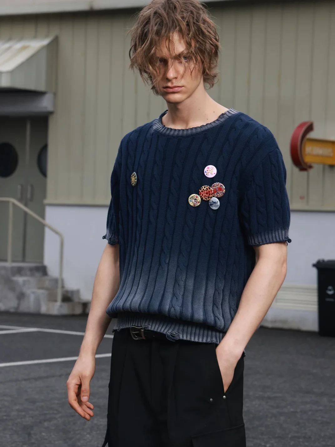 SAXGENWON | Gradient Cable Knit Boxy Short Sleeve Sweater