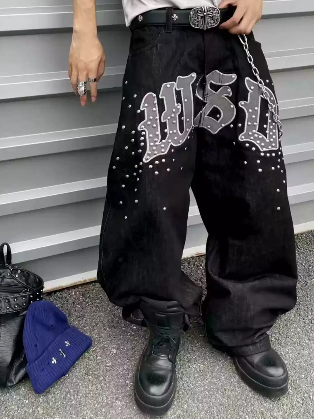 WASTED | Embroidered Studded Baggy Jeans