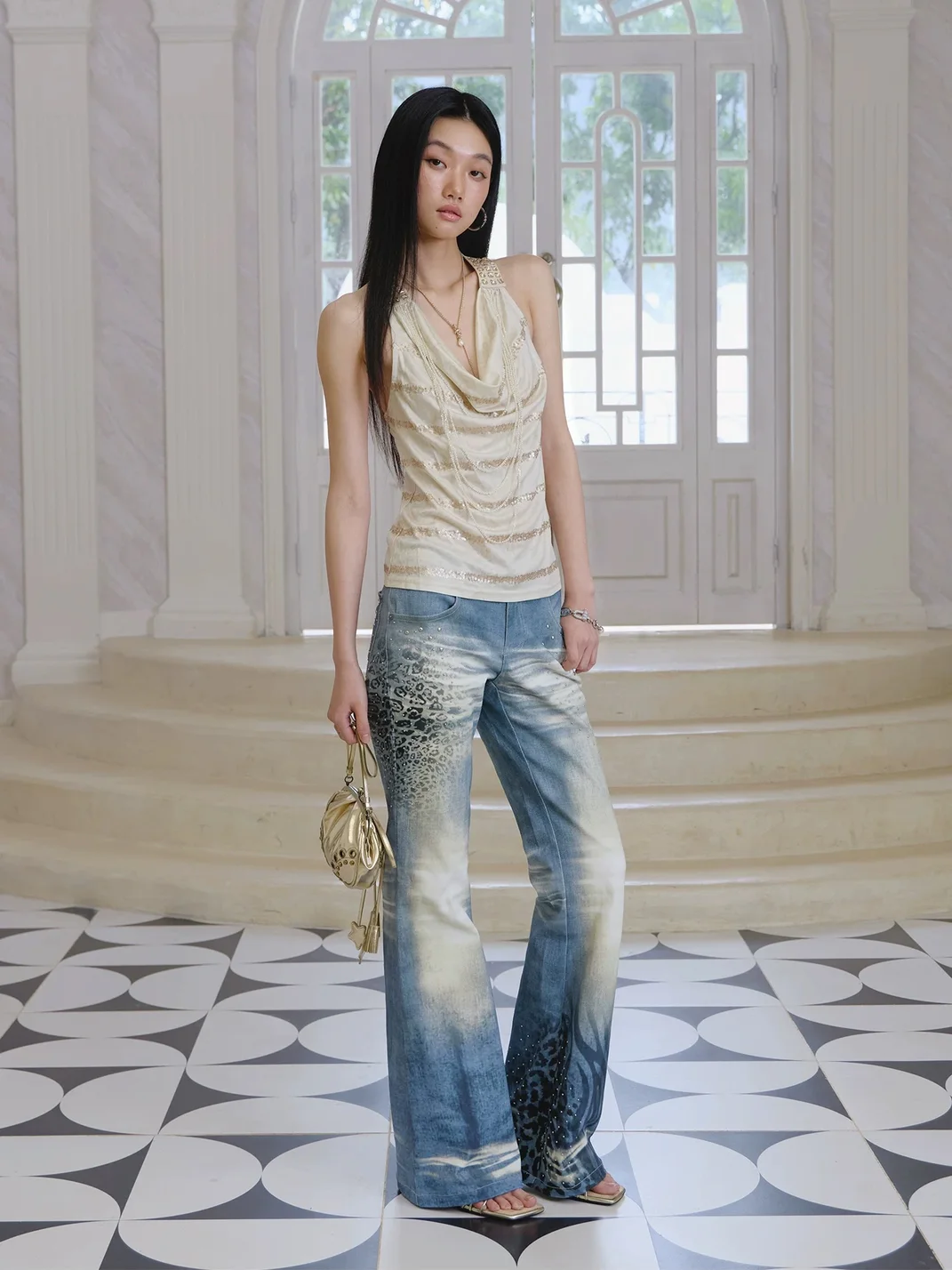 FayChui | Washed Animal Print Slim Flare Jeans