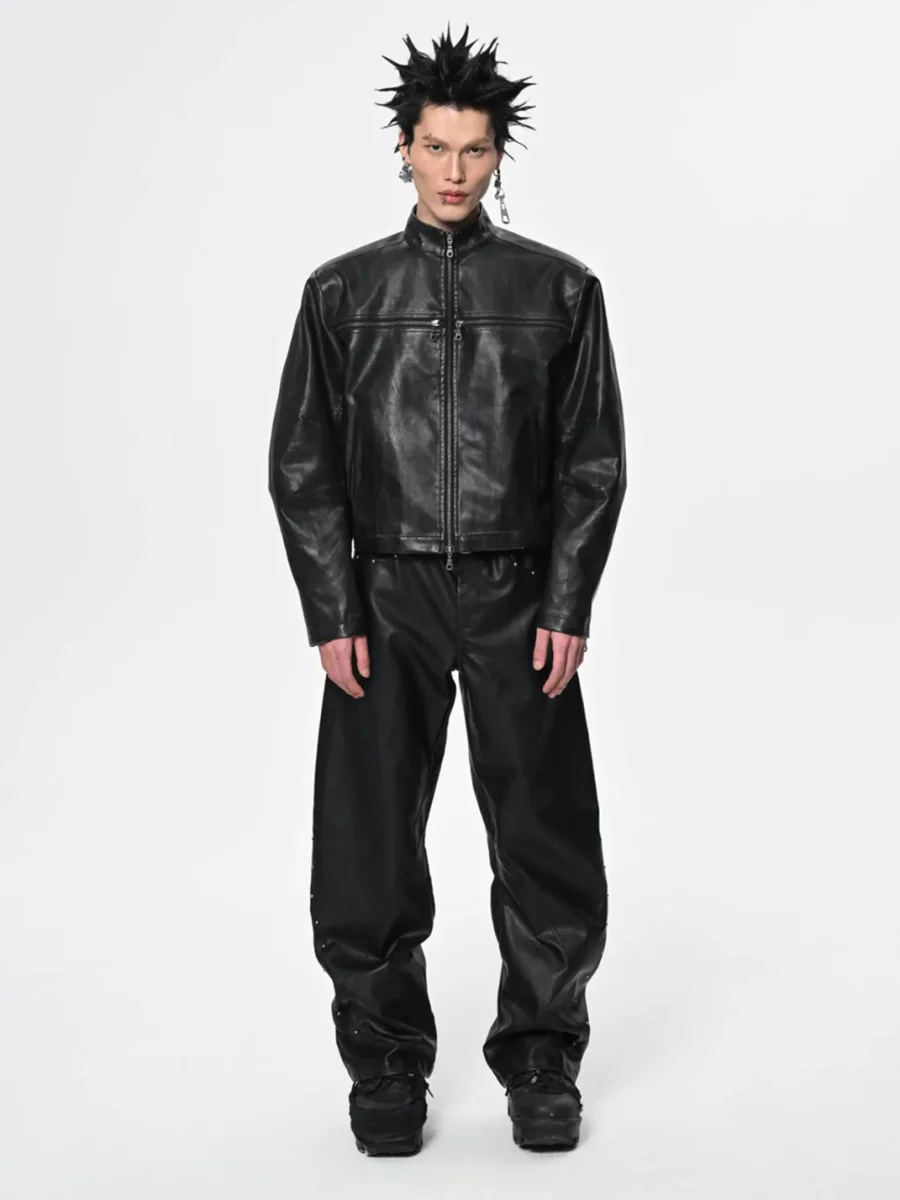 SAXGENWON | Distressed Cross-Zip Cropped Biker Jacket - 2