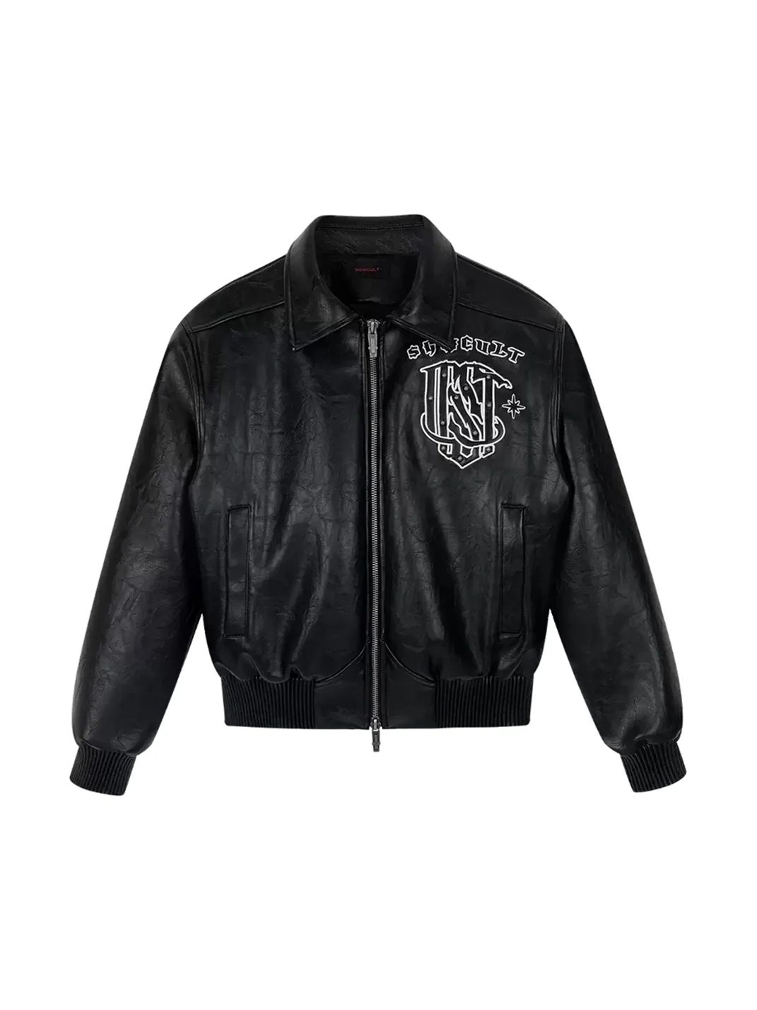 SAXGENWON | Studded Embroidered Faux Leather Moto Jacket
