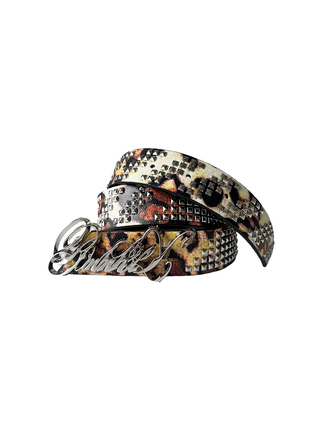 B0RN1NH3LL | Leopard Print Studded Script Buckle Belt