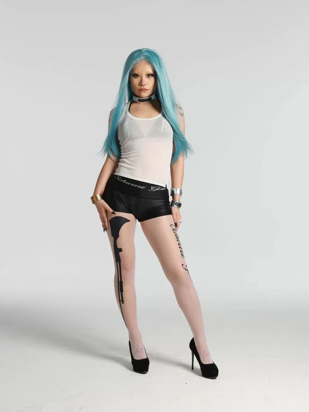 SchwarzGold | Ultra-Thin Stretch Gun Print White Pantyhose