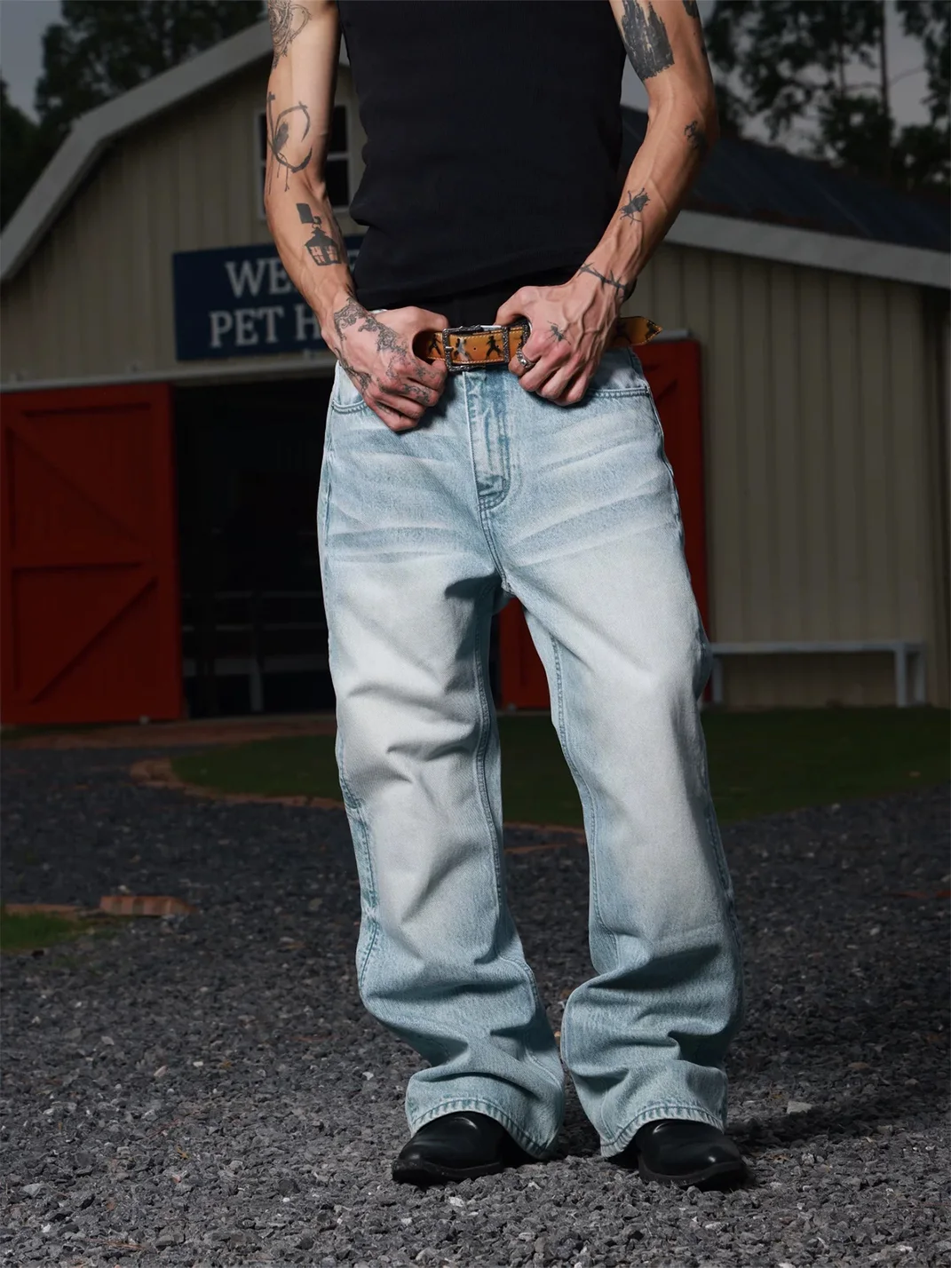 VOWPROGRESS | Washed Whiskered Loose Micro-Flare Jeans