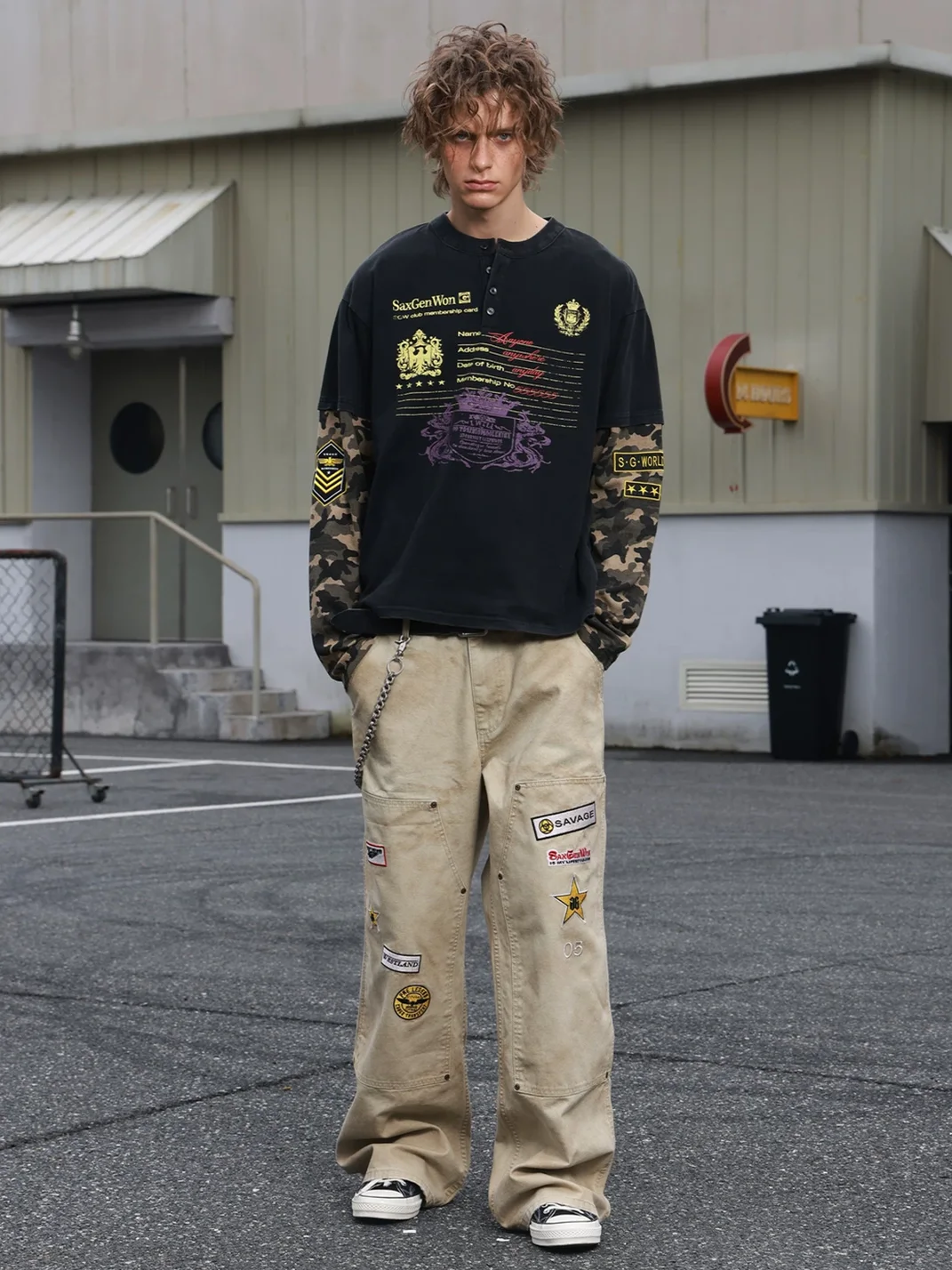 SAXGENWON | Boxy Camouflage Sleeve Henley Long Sleeve T-Shirt
