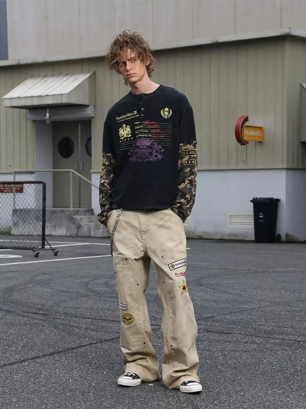 SAXGENWON | Distressed Embroidered Loose Straight Cargo Pants