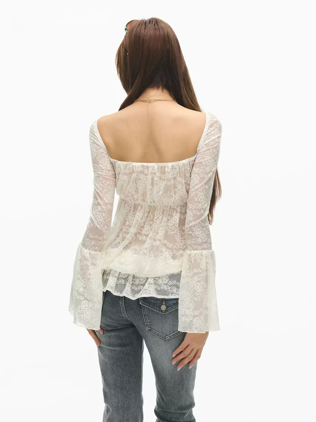 SereneEase | Lace Square-Neck Ruffle Flare-Sleeve Top