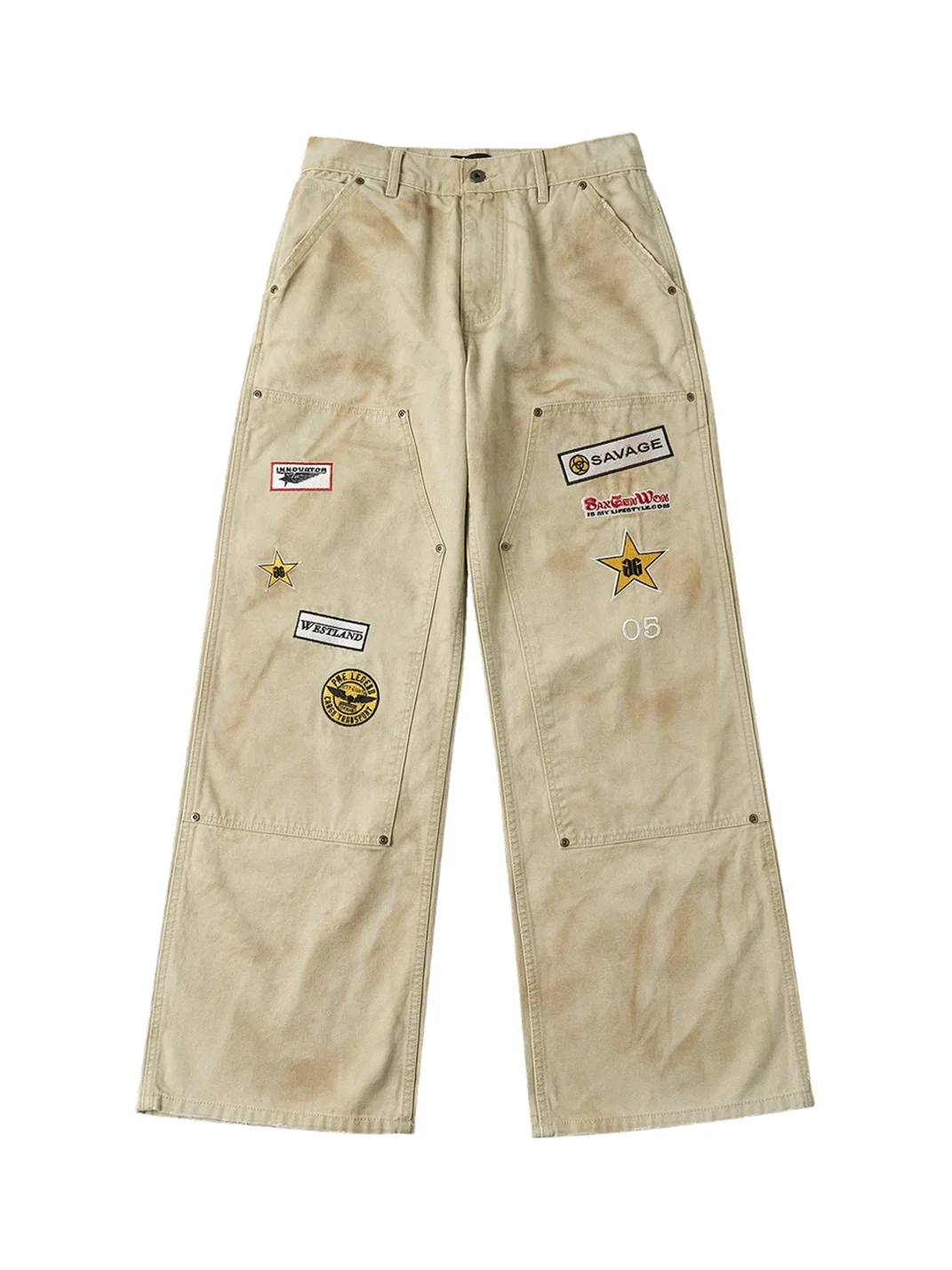 SAXGENWON | Distressed Embroidered Loose Straight Cargo Pants