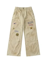 SAXGENWON | Distressed Embroidered Loose Straight Cargo Pants