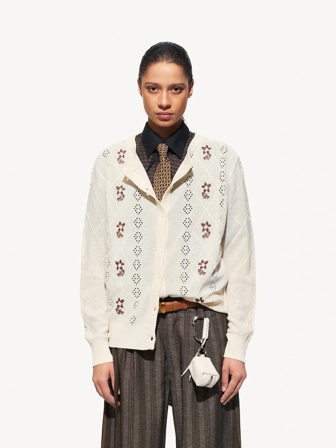 OPENFLY | Embroidered Openwork Long Sleeve Knit Cardigan